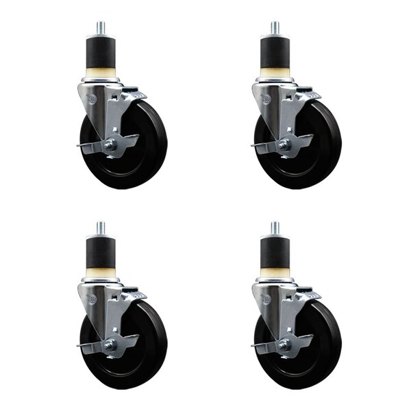 5'' Hard Rubber Swivel 1-7/8'' Expanding Stem Caster Set with Brake, 4PK